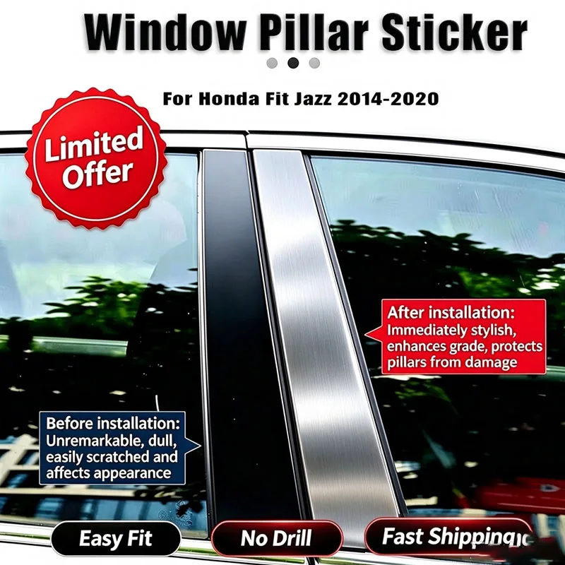 For Honda Fit Jazz 2014-2020 Car Door Window B C Pillar Glossy Black Carbon Fiber Cover Sticker Decorative Protector Exterior Ac