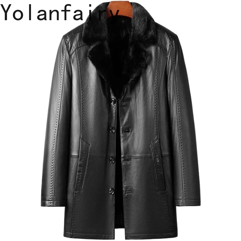 YOLANFAIRY Real Goat Skin Genuine Leather Jacket Man Winter Mid-length Luxury Mink Fur Liner Warm Fur Coat Mens Jackets chaqueta