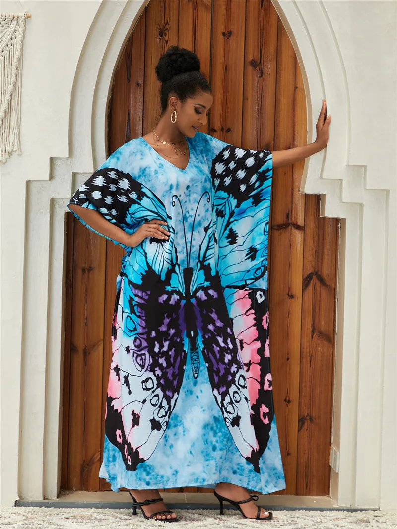 فضفاض بوهو الفراشة طباعة ماكسي فستان المرأة شاطئ تونك بيكيني التستر عادية حجم كبير النساء بحر قفطان الغطاء