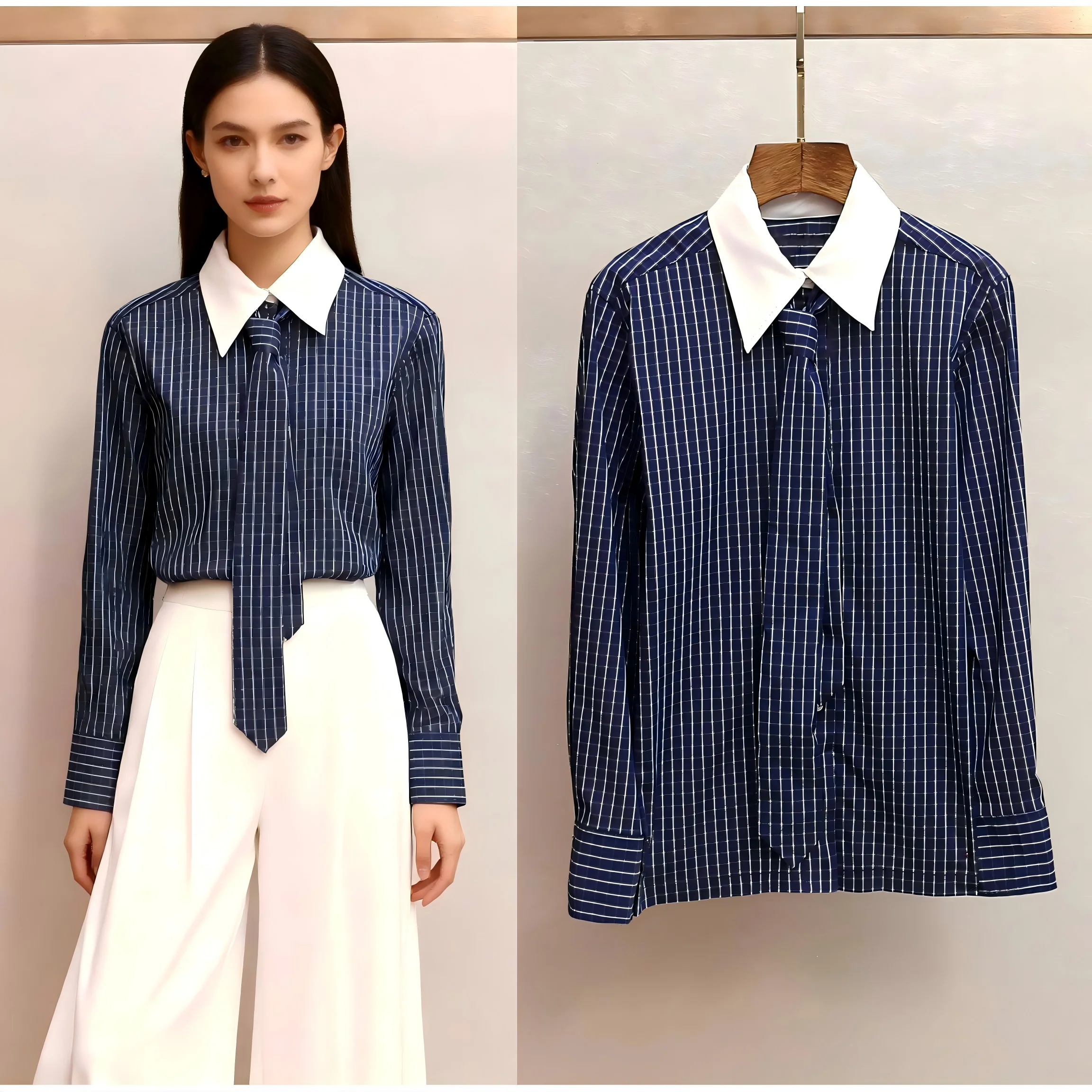 

【Gift Free】2025 Autumn Winter Preppy Style Contrast-Collar Loose Fit Plaid Shirt with Tie and Single-Breasted Design for Women