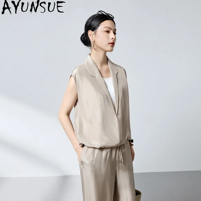 AYUNSUE 100% Silk Woman Tops Fashion Commuting Casual Two-piece Tops for Woman Solid Suit Collar T Shirts Woman Clothes Футболка