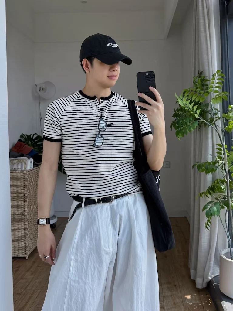 Slim Fit Short Sleeve T-Shirt Men's Style Contrast Color Striped Henry Collar Summer New Arrival Casual Cotton Comfortable