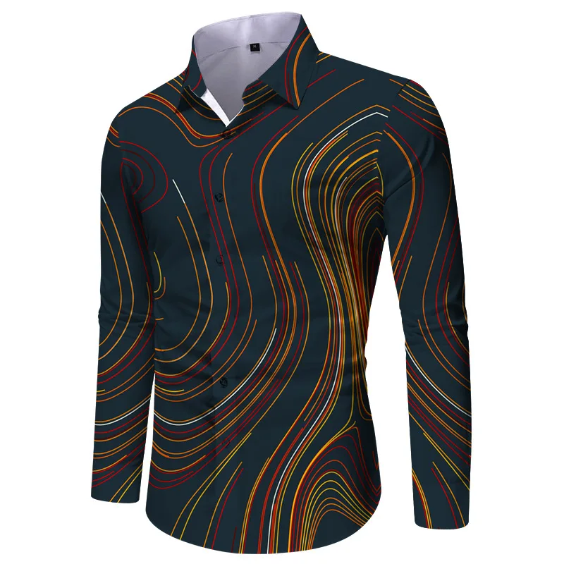 Fashionable 3D printed colorful design art pattern men's slim fit casual summer collar button comfortable long sleeved shirt