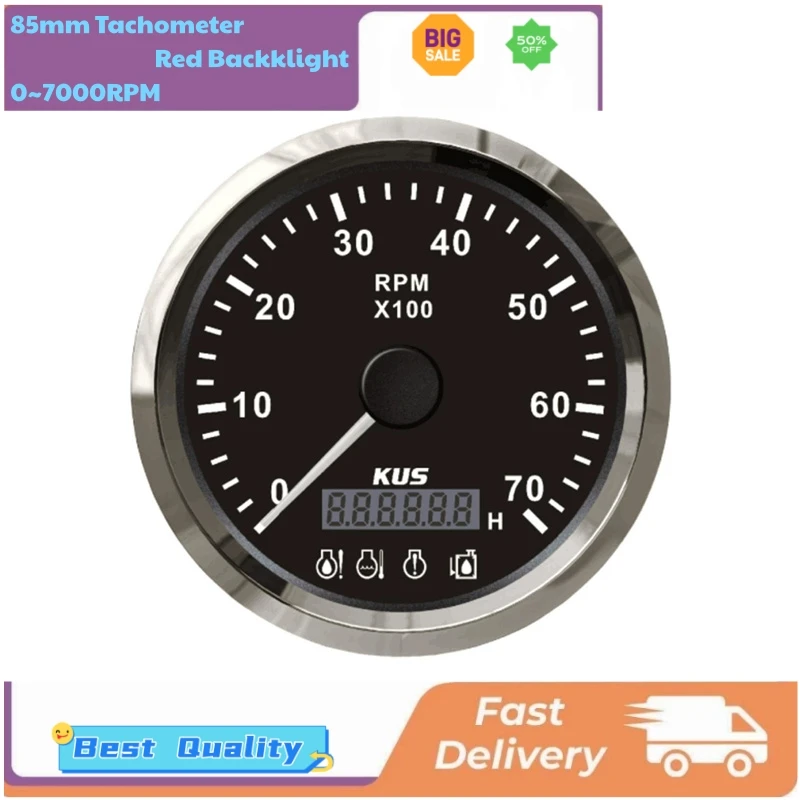 

KUS 85mm 0-7000RPM Tachometers Pulse Signal Revolution Meters with Hourmeters & Red Backlight Fuel Level Water Temp Alarm System
