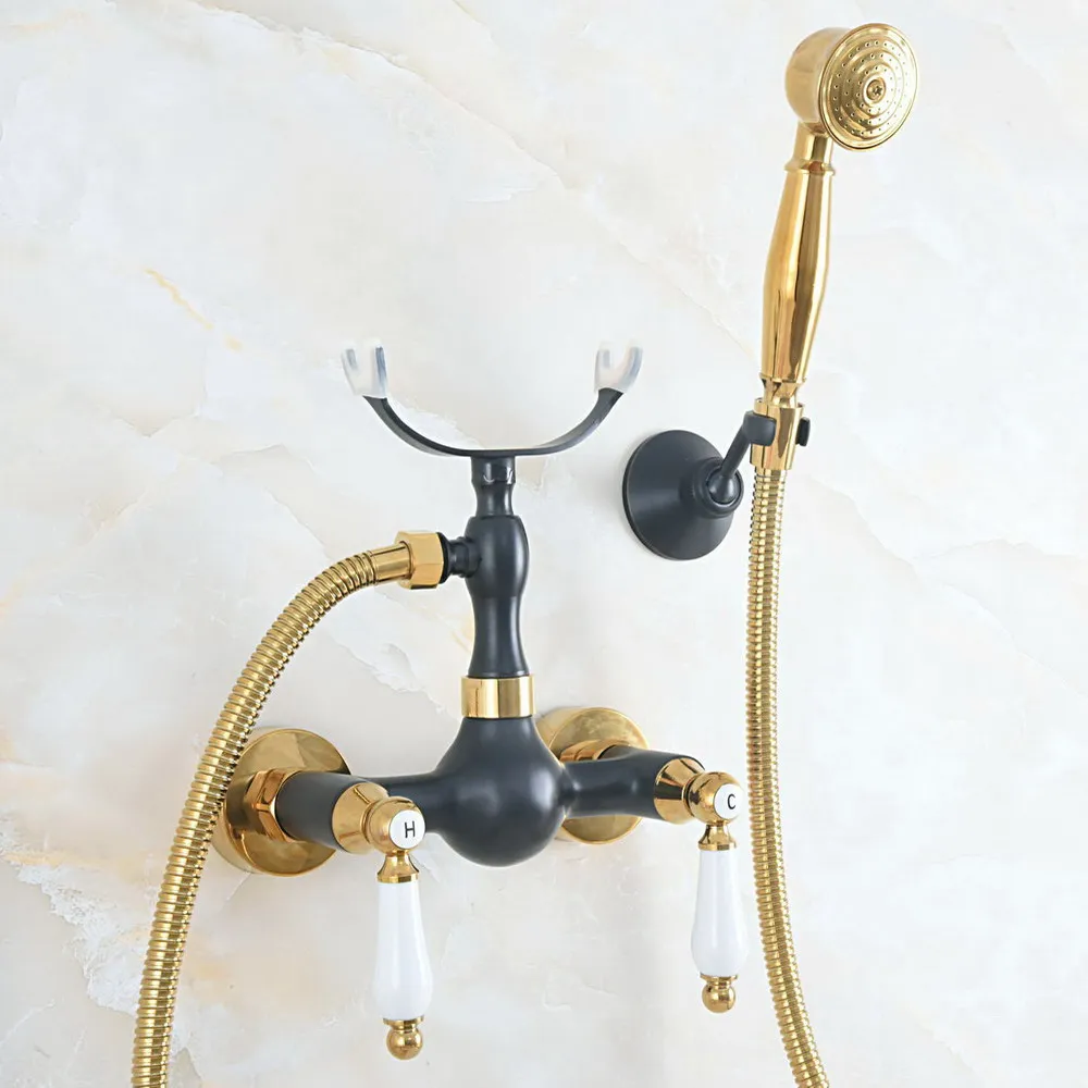 

Gold & Black Oil Rubbed Brass Wall Mount Bathtub Faucet with Handheld Shower Set +1.5M Hose Mixer Tap 2na554