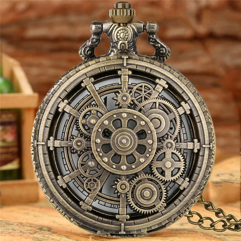 Old Fashion Pocket Watch Hollow-Out Gear Cover Arabic Number Display Quartz Movement Watches with Sweater Necklace Chain Gift