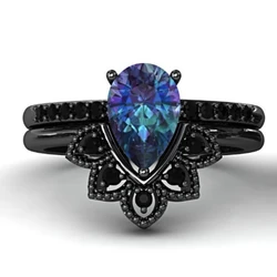 Fashionable classic gun plated black inlaid rainbow zircon women's two-piece ring set