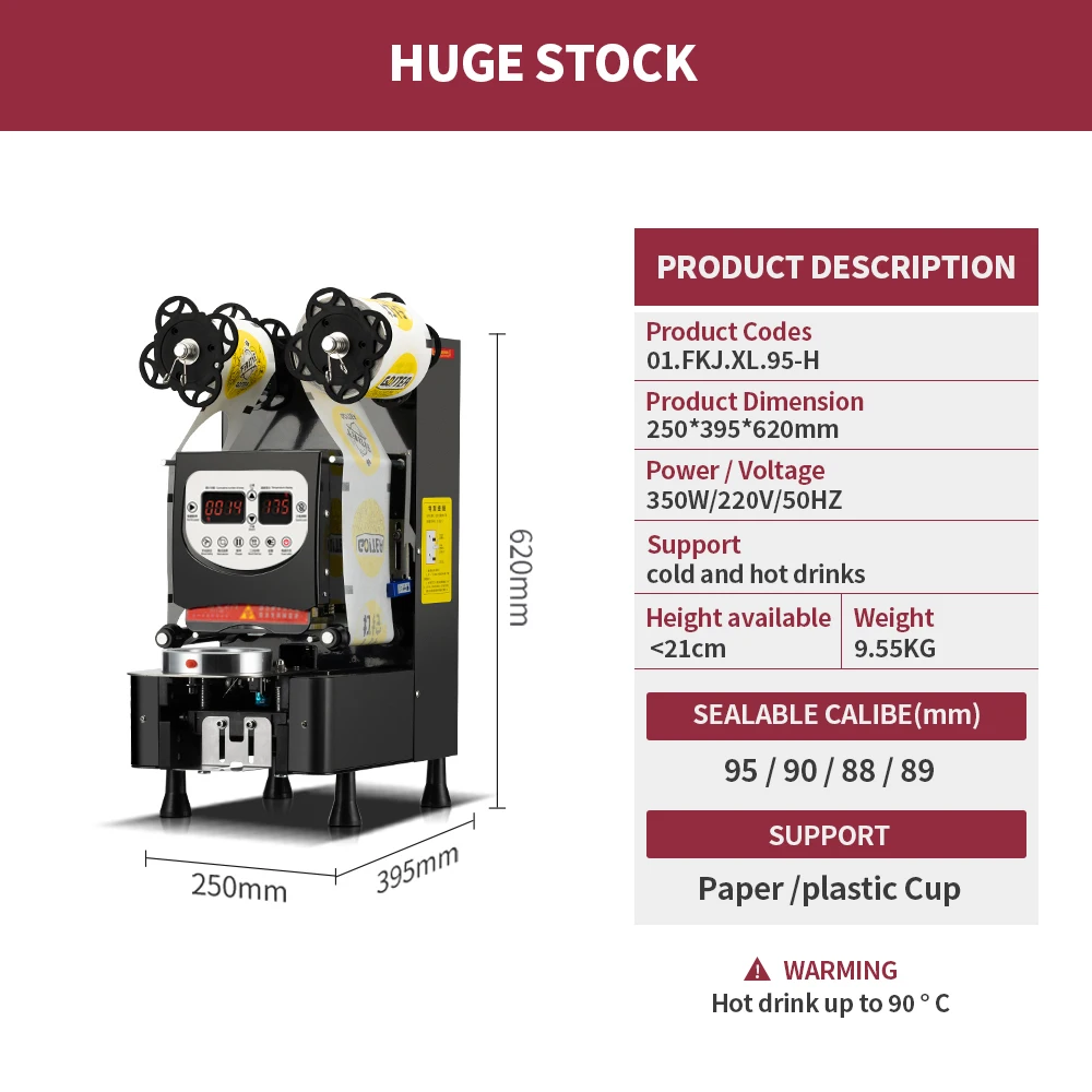 Automatic Plastic Paper 95/90 Caliber Boba Tea Cup Sealing Machine