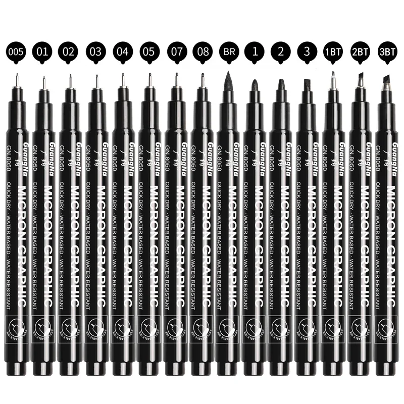 15 Piece Waterproof Fade Proof Micron PenTip Fine Liner Black Sketch Water Marker Pen set for Manga