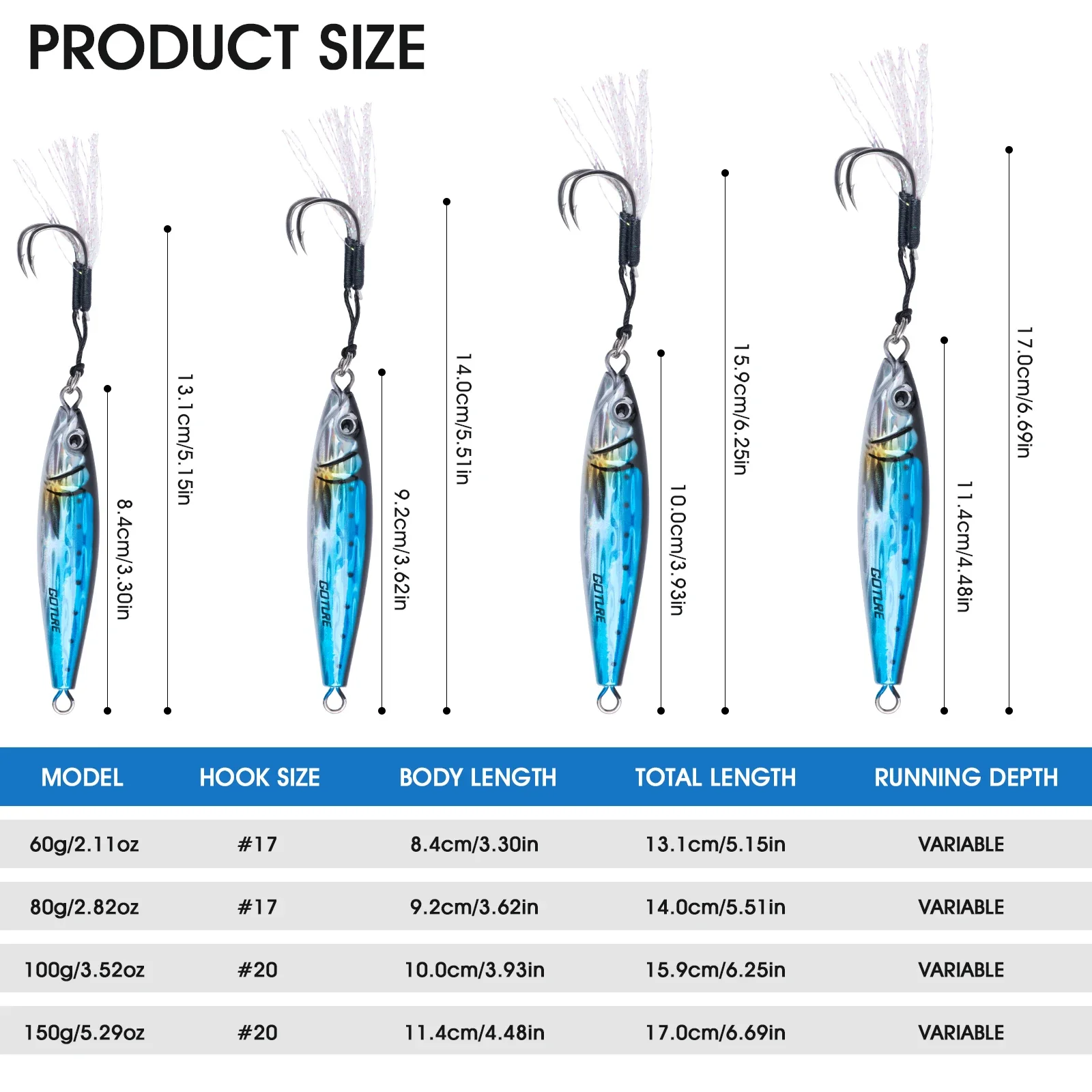 Goture Metal Cast Slow Jigging Fishing Lure 60g 80g 100g 150g Double Hook Hard Bait Sinking Jigging Pesca Bait for Sea Fishing