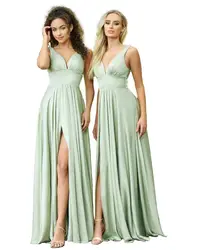 GDYBAO Women's Double V Neck Bridesmaid Dresses for Wedding Chiffon A-Line Side Split Formal Prom Dress Evening Gown Long