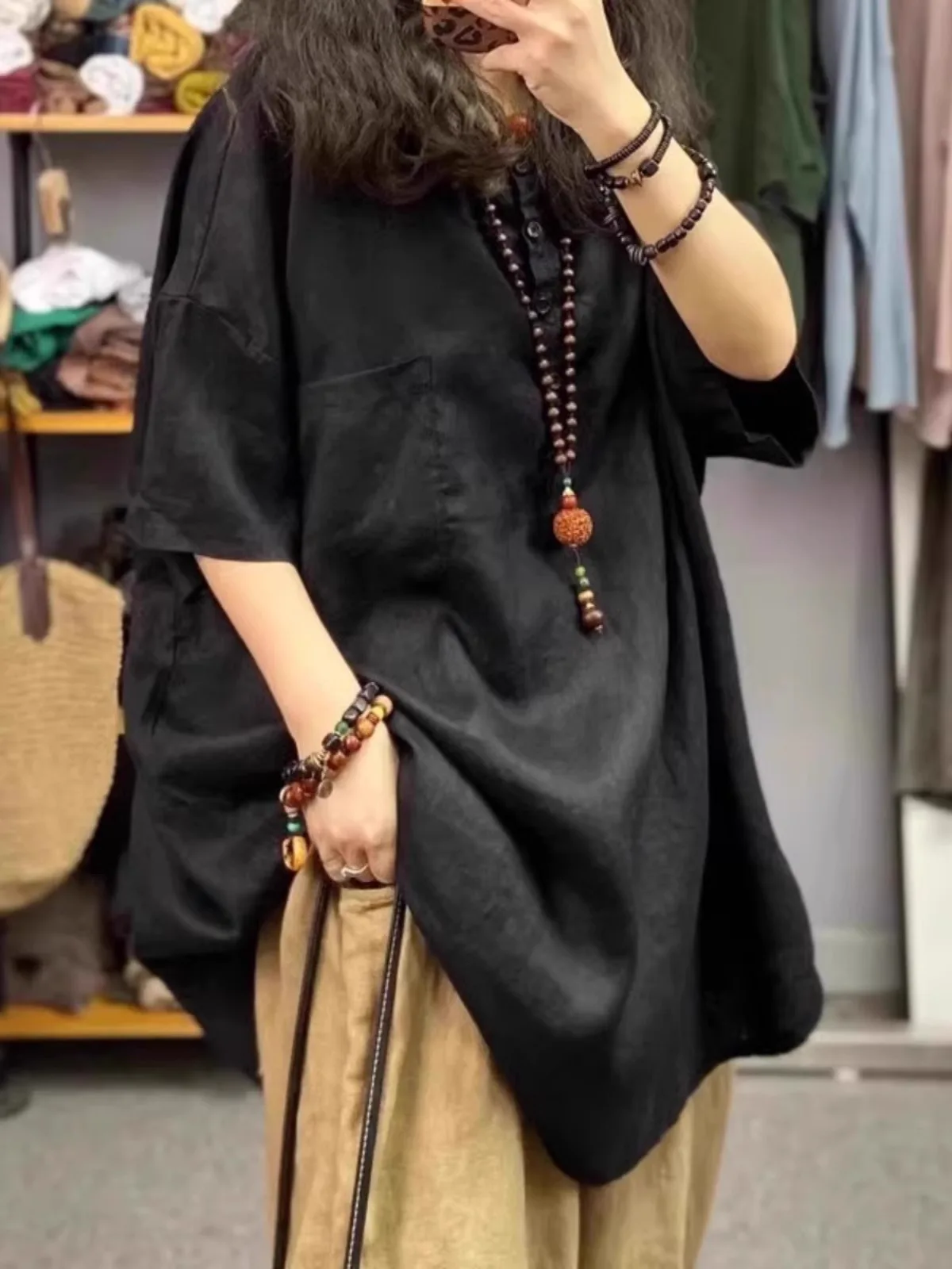 

Large Size 300 Pounds Washed Vintage Linen Short Sleeve T-Shirt Women Summer Retro Loose Belly Cover Medium Length Top