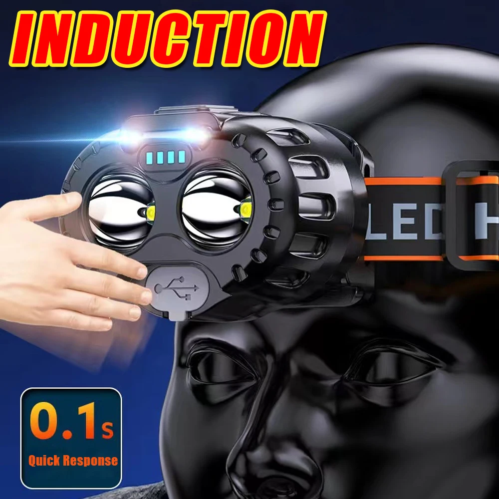 Poderoso LED Sensor Farol, farol de pesca brilhante, USB recarregável cabeça lâmpada com bateria, emergência Camping Lanterna