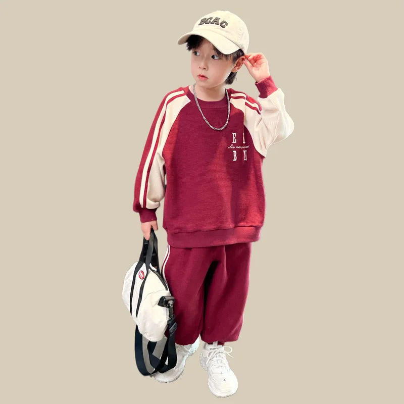 Spring 2025 Preteen Boy 2PCS Clothes Set Red Color Block Letter Pullovers Cuffed Ribbed Sweatpant Children Boy Street Look Suits