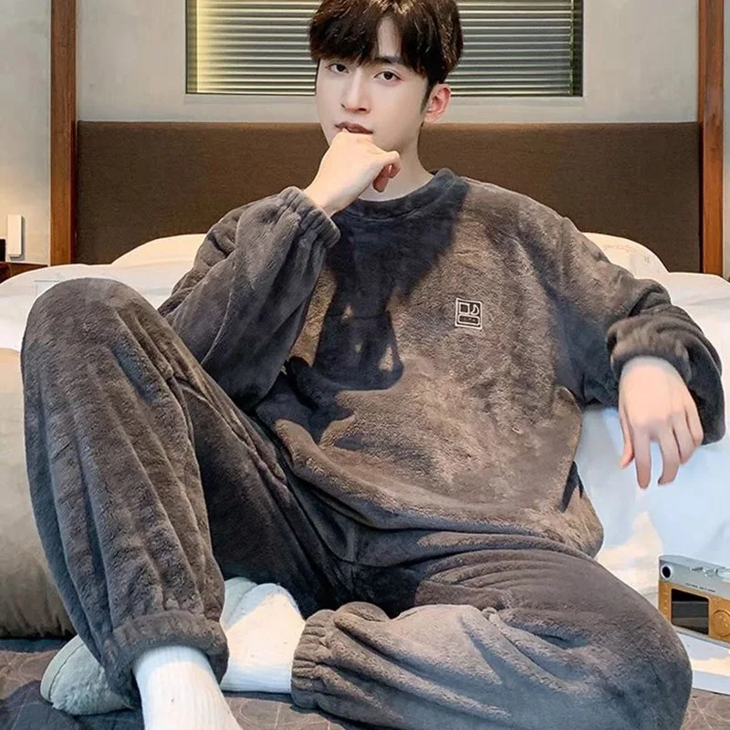 

Фланелевой утепленный пижамный комплект, мужские зимние теплые однотонные длинные брюки с длинными рукавами, свободные плюшевые удобные пижамы, домашняя одежда