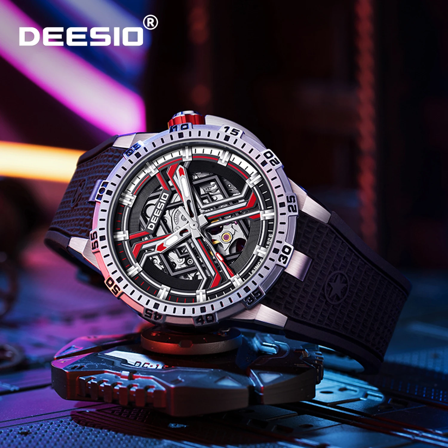 

Deesio мужские автоматические механические часы со скелетом на резиновой ленте 50 м водонепроницаемый корпус из нержавеющей стали роскошный дизайнерский подарок для мужчин