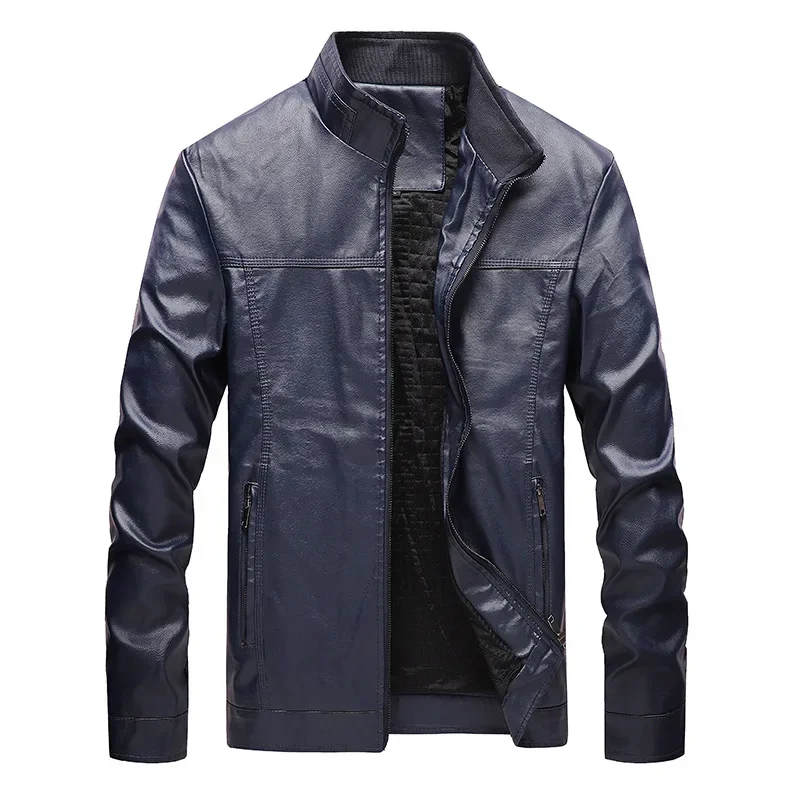 Spring Autumn Men's Standing Collar Solid Color PU Leather Jacket  Oversized Handsome Casual Vintage Motorcycle Leather Jacket