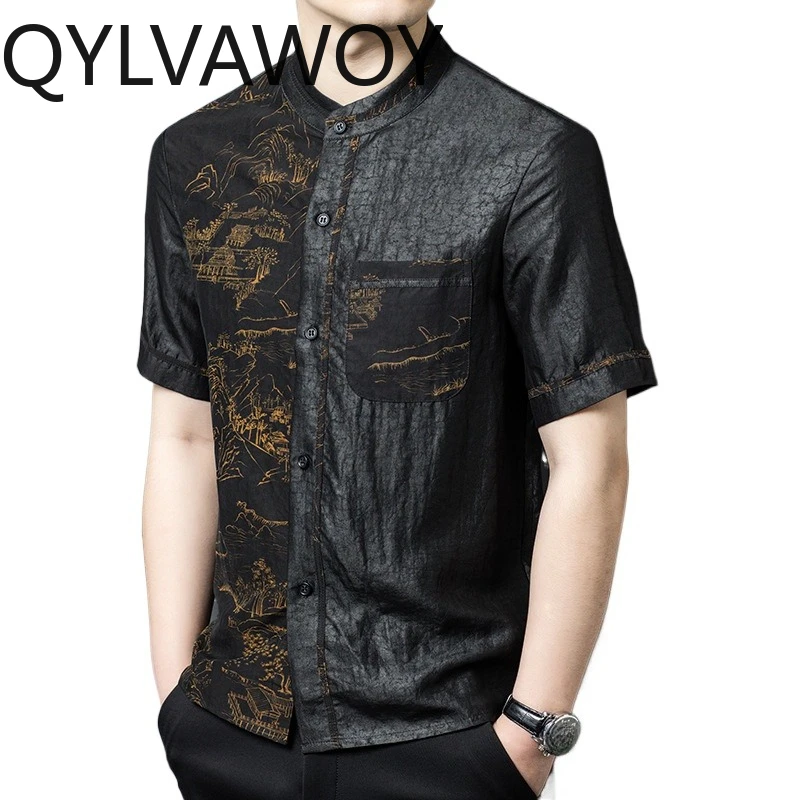

QYLVAWOY 100% Real Mulberry Silk Men's Shirts Thin Man Shirt Stand Collar Shirts for Man Chemise Hommes Summer Tops Short Sleeve