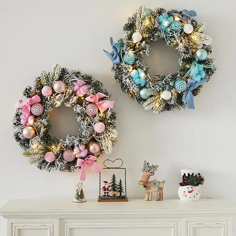 Outdoor Christmas Wreath With Lights Snowy Flocked 11.81in Christmas Outdoor Decorations Lighted Wreaths With Balls Holiday