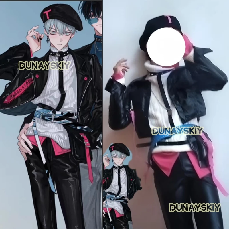 エイリアンステージ-黒のベレー帽,コスプレ衣装,ロールプレイングカード,アニメパーティー服の短いバイカージャケット