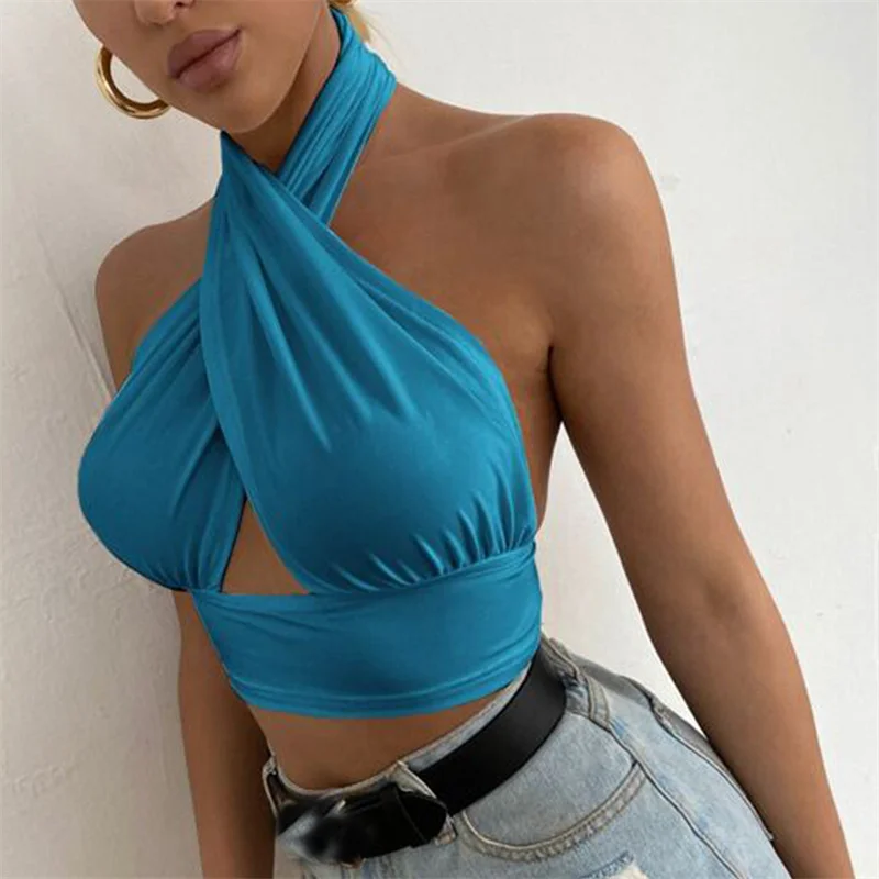 Y2k Tops Cross Halter Bustier Women Tie Up Wrap Tube Tops Backless Slim Fit Cut Out Front Tops 00s Aesthetic Clothing Streetwear