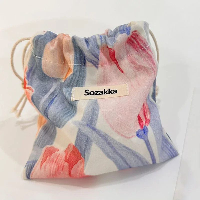 Vintage Drawstrings Coin Bags Purse Money Keys Earphones Cotton Fabric Organizers Pocket Lipstick Toiletry Makeup Storage Bags