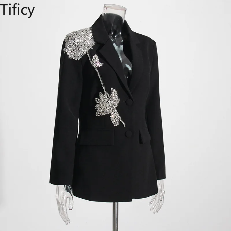 TIFICY Solid Color Small Blazer Women's Spring New Fashion Polo Collar Splice Heavy Work Decoration Pocket Splice Suit Jacket