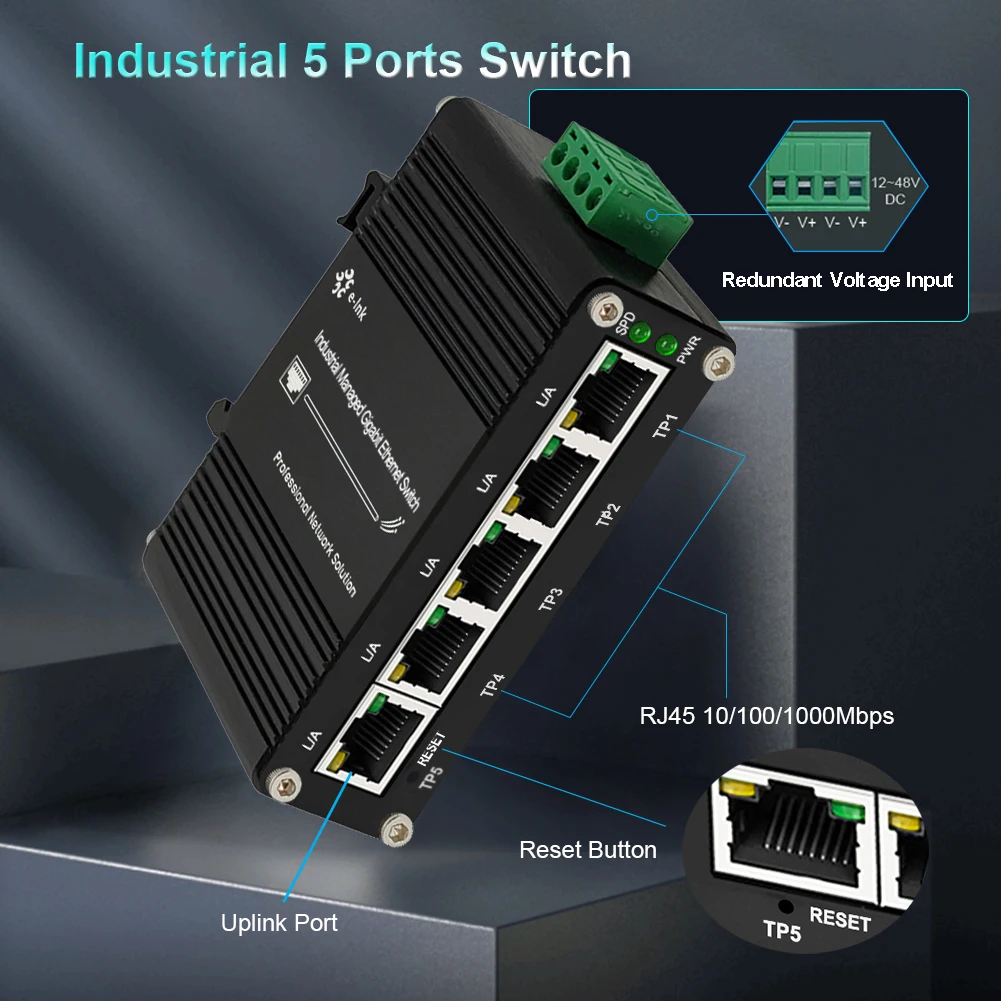 Mini Industrial Managed 5 Ports (PoE) Ethernet Switch 10/100/1000Mbps Ethernet Switch DC12~48V DIN-Rail&Wall-mount Aluminum Case