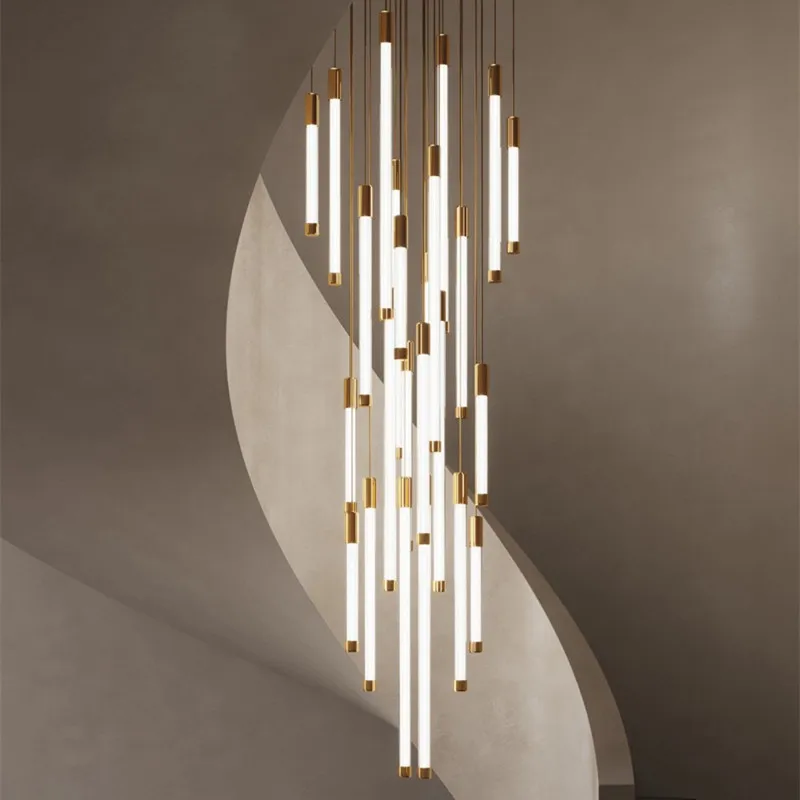 

New modern chandelier for staircase luxury dimmable led strip light living room lobby gold hanging lamp large foyer lighting