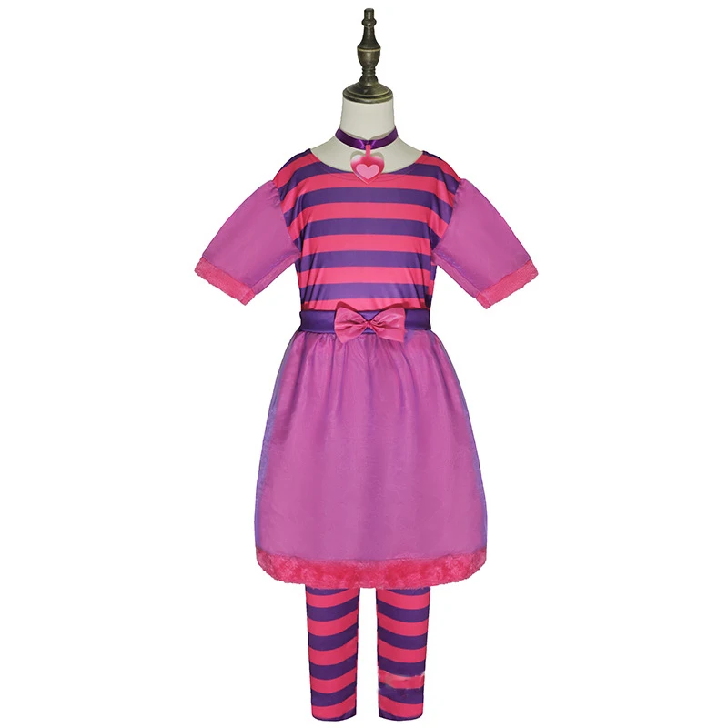 Girls Cheshire Cat Costume Pink And Purple Wonderland Child Cute Alice Cat Fancy Dress Up