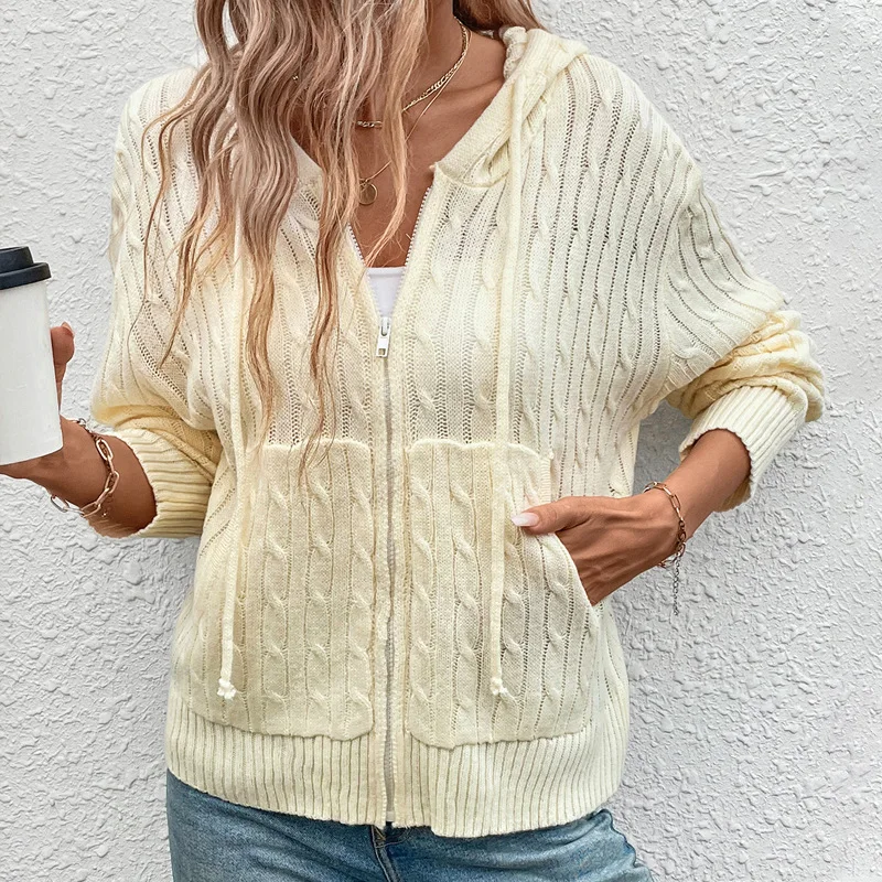 

Autumn Women's Hooded Cable Knit Solid Sweater Cardigan