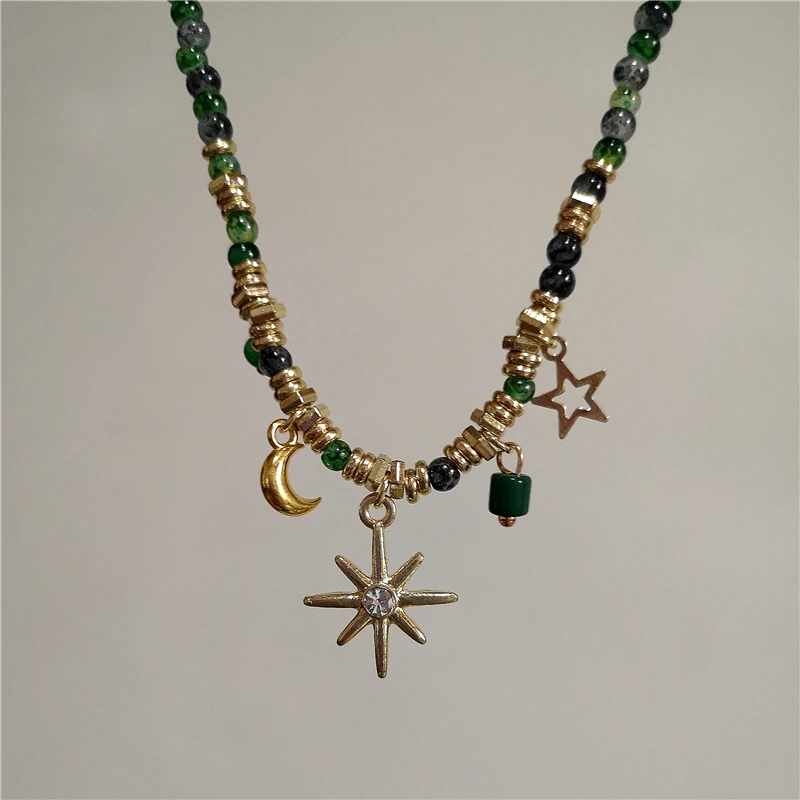 Vintage Colored Harajuku Beaded Star Sun Moon Heart Necklace Women Chinese Style Ethnic Handmade Jewelry Fashion Y2K Charm Gifts