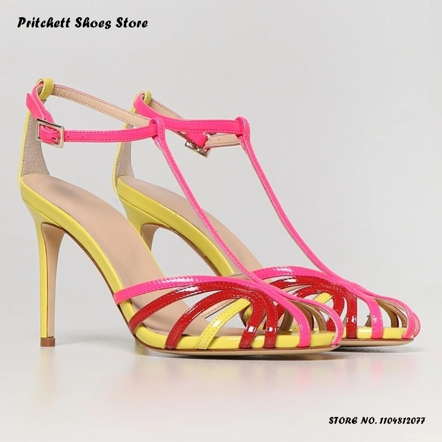 Women's Mixed Colors Strappy Sandals Fashion T-strap Buckle Strap Party Festival Stilettos Round Toe Thin Heels Custom Footwear