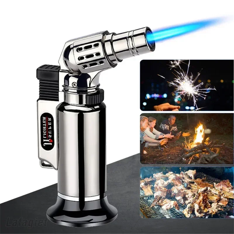 Metal Windproof Turbine Gas Lighter Flame Powerful Spray Gun Blue Flame Cigar Lighter Welding Torch Kitchen Cooking Adjustable