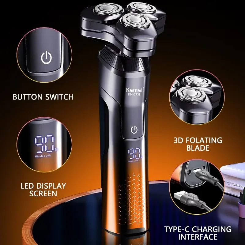 Kemei Electric Shaver Body Hair Beard Trimmer Wet-Dry Use Waterproof Washable Rechargeable Men Electric Razor Shaving Machine
