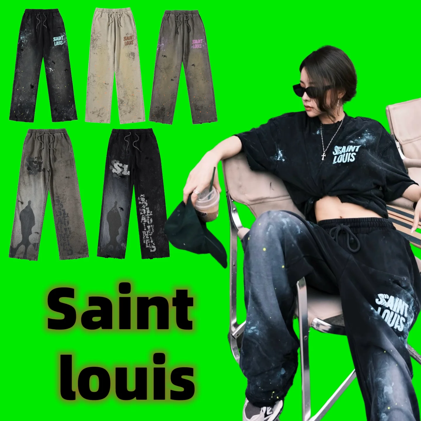 

Saint Louis American High Street Loose Couple Waed out Casual Sweatpants Women's Sle Straight Leg Long Trousers