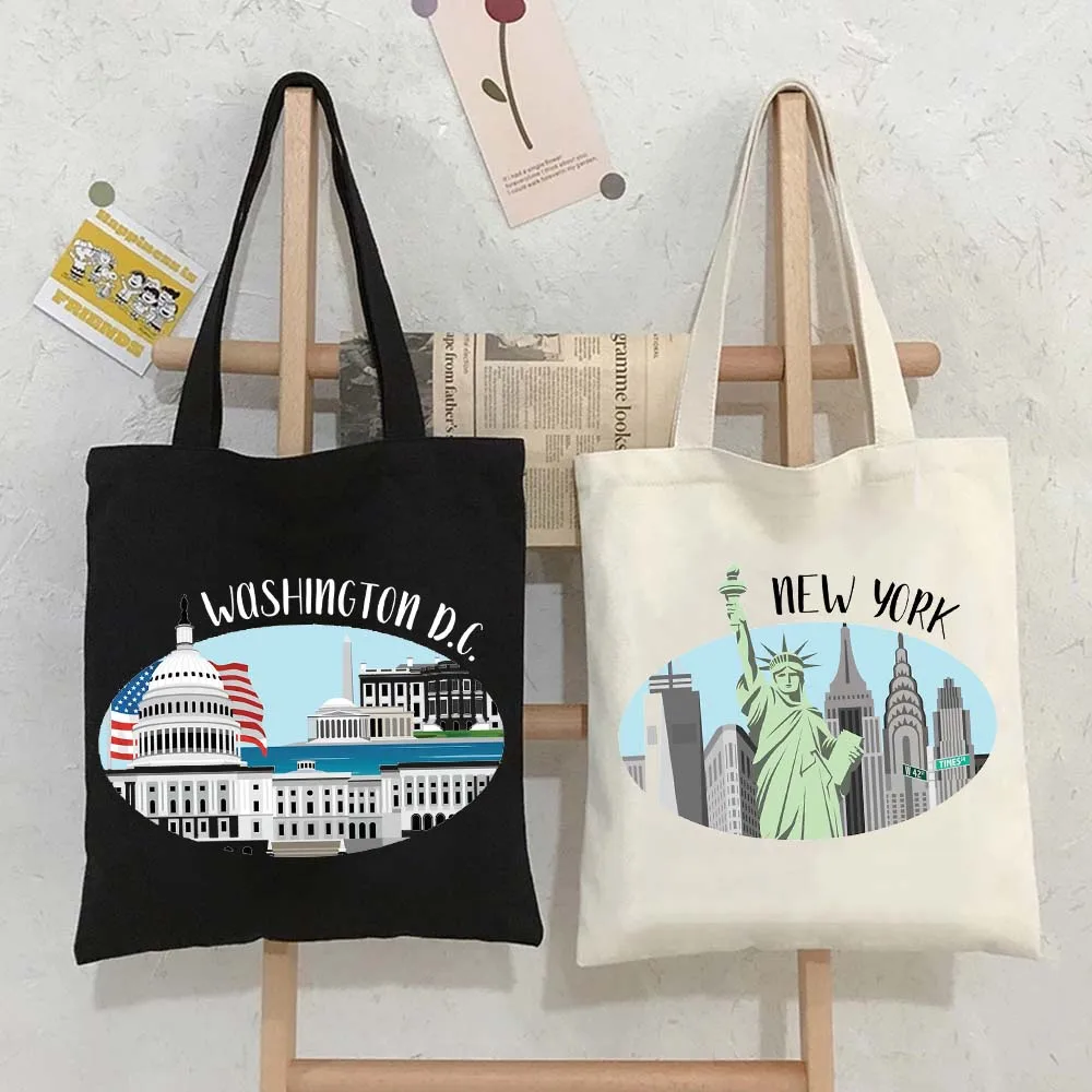 New York Chicago Miami DC Nashville City Skyline Illustrazione Borsa shopper in tela da donna in cotone Borsa shopping Borse a tracolla