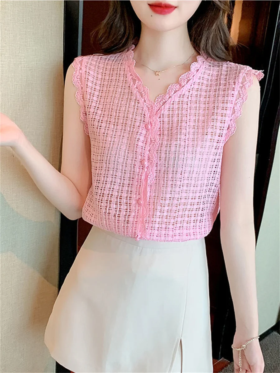 Women Summer Spring Blouses Shirts Lady Fashion Casual Sleeveless V-Neck Collar Sexy Lace Embroidery Blusas Tops CT0737