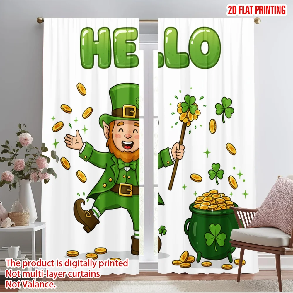 

2pcs 2D flat printing Party Curtain St Patrick's Day Hello Leprechaun Polyester Without Electricity Festive Curtains for Home &