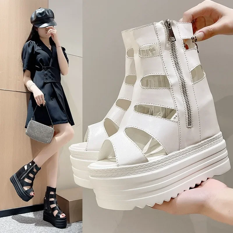 

Women's Fashion Sexy Roman Sandals Summer Ultra High Heel Wedge Platform Shoes Side Zip Open Toes Solid Color Sandalias De Mujer