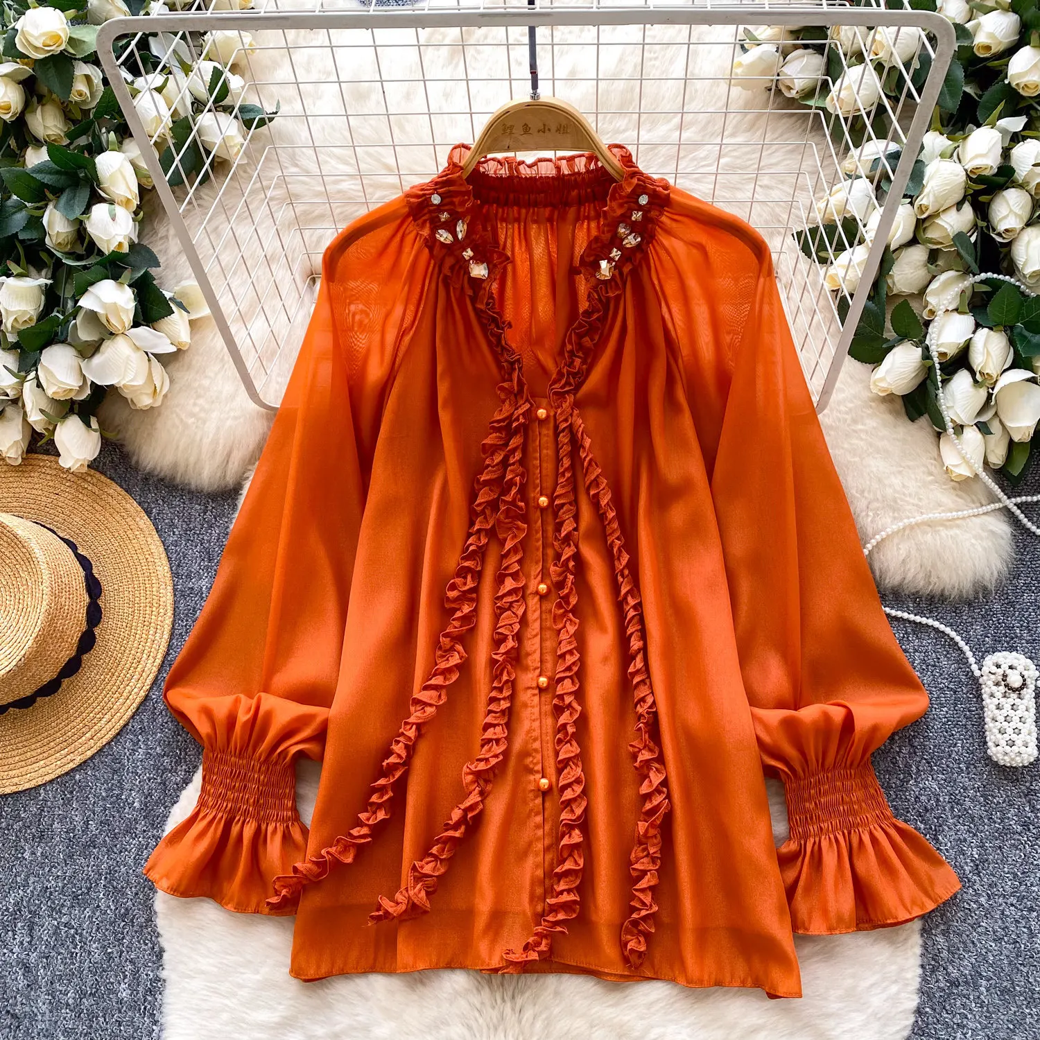 

Women Solid Shirt Ruffles Tops Long Lantern Sleeves V Neck Single Breasted Thin Loose Fit Office Lady Elegant Casual 2026 Spring