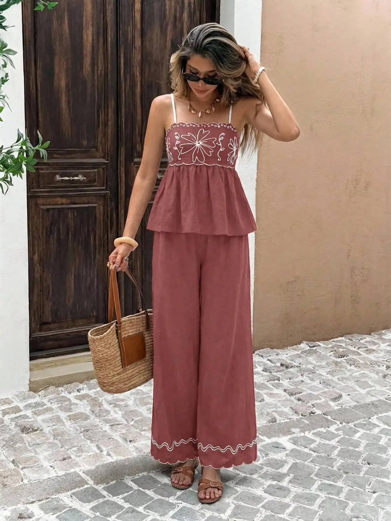 

Floral Embroidery Ruffle Camisole Top And Wide Leg Pants Casual 2 Piece Set