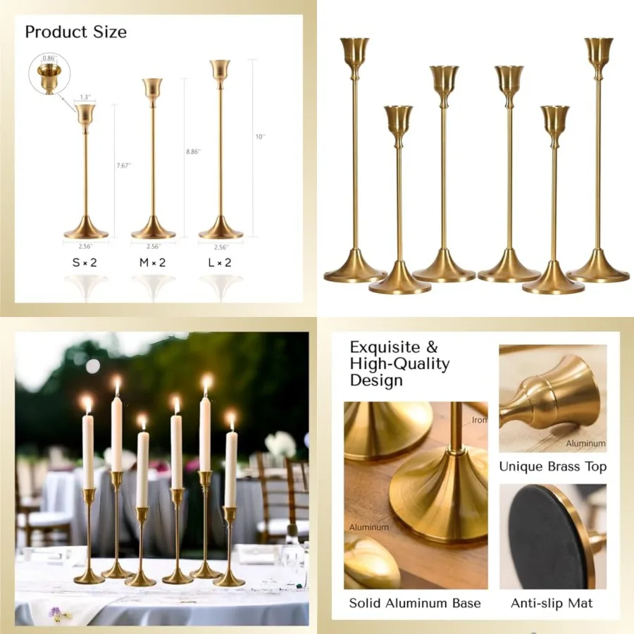 

Brass Gold Candlestick Holders Set of 6, Taper Candle Holder for Candlesticks, Antique Vintage Candle Stick Candle Holders for