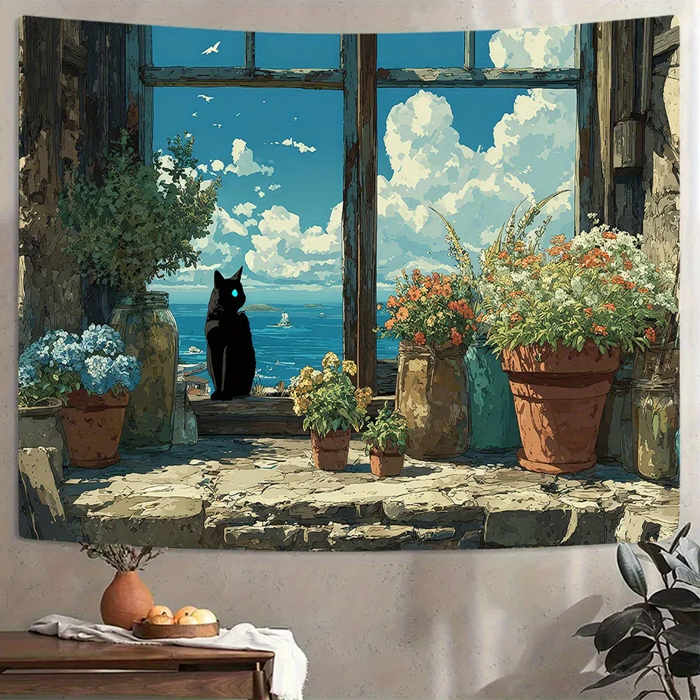 Japanese Anime Window Side Black Cat Tapestry Sea View Flower Background Cloth Bedroom Dormitory Decoration Hanging Cloth