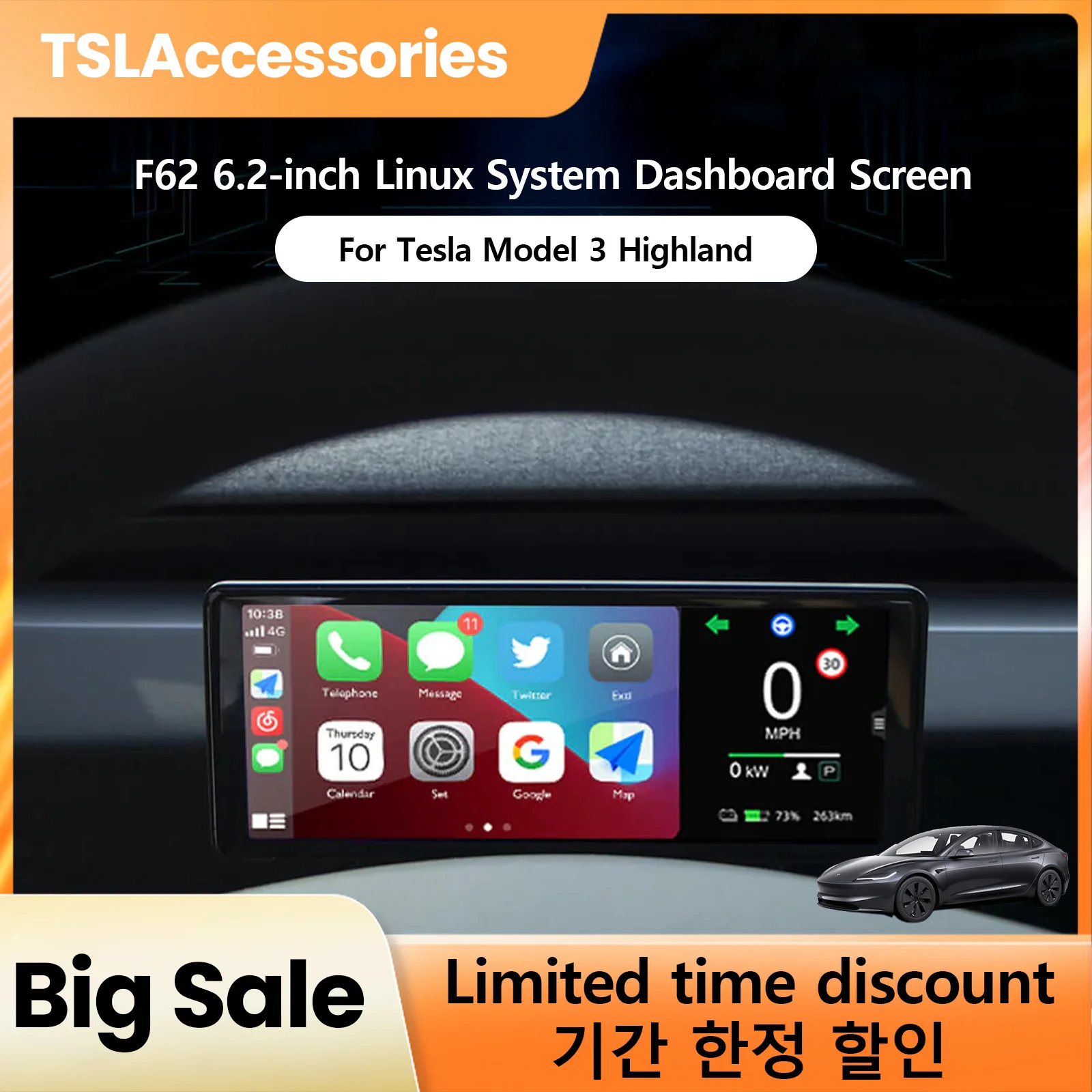 

TSLAccessories F62 Plus 6.2‘’ Dashboard Screen for Model 3 Highland Linux Instrument Cluster Blind Spot Warning Car Accessorie