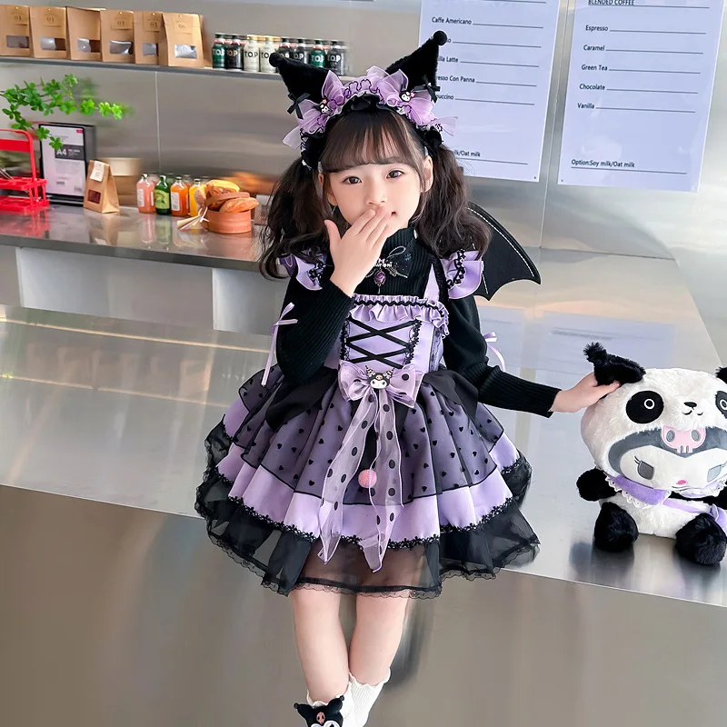 

Kuromi Dress Purple Black Splicing Mesh Lolita Princess Dress Halloween Cos Costume Wings Children Girls Gift