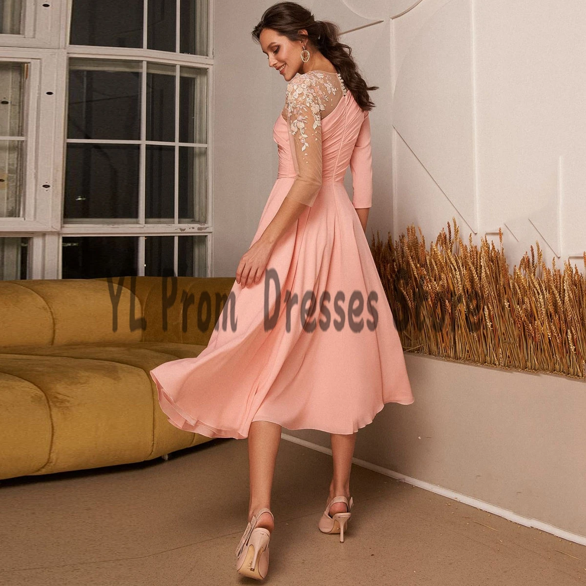 YL Simple Illusion Appliques Chiffon Graduation Dresses Side Slit Midi Length Women Prom Dress O-Neck A-Line Evening Gowns