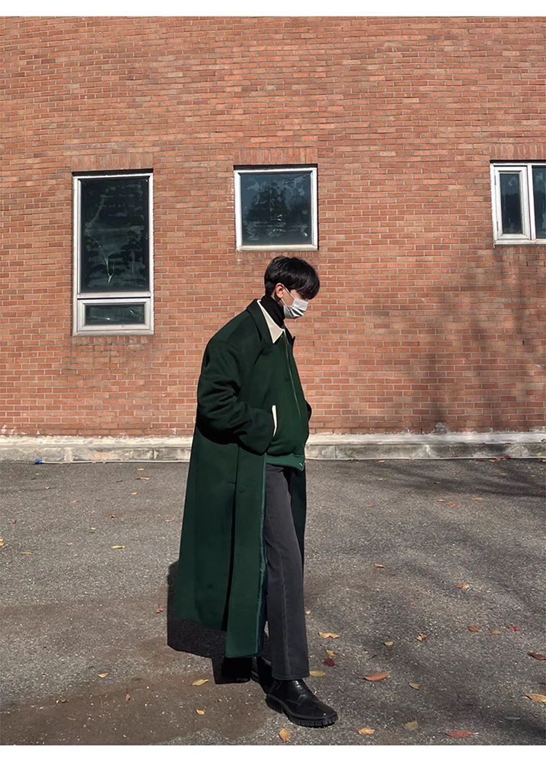 Mauroicardi Autumn Winter Long Warm Oversized Soft Dark Green Black Woolen Coat Men Loose Casual Korean Wool Blends Overcoat