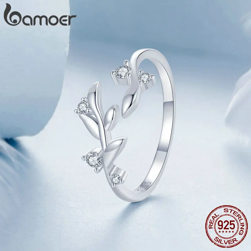 Bamoer 100% 925 Sterling Silver Leaf Plant Original Design Adjustable Open Ring For Women Fine Jewelry Mothers Day Gift