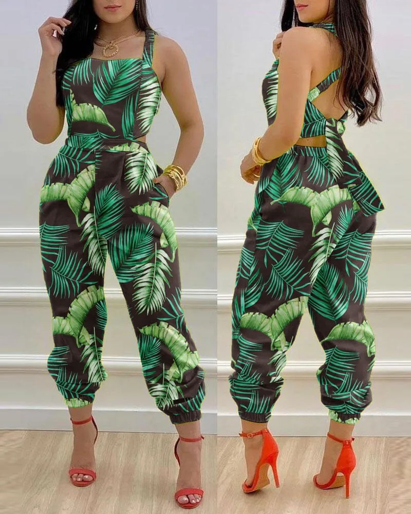 

New Spring/summer Suspender Backless Bow Tropical Plant Print High Waisted Jumpsuit for Women's Fashionable Casual Summer Wear